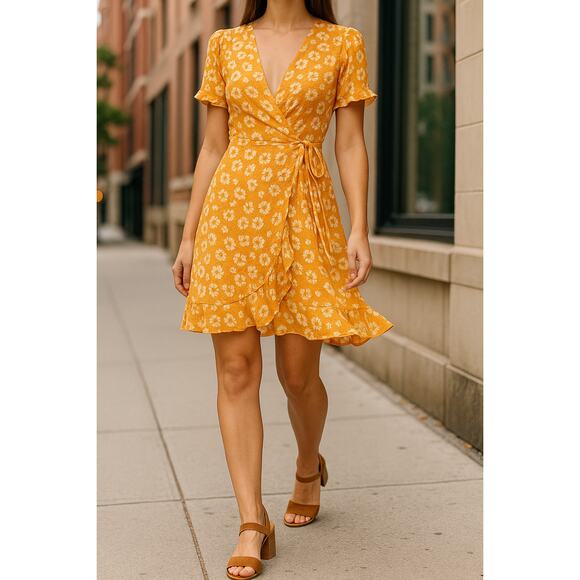 Lulus Floral Tie Back Mini Dress Yellow White V Neck Short Sleeve Size M - Picture 2 of 14